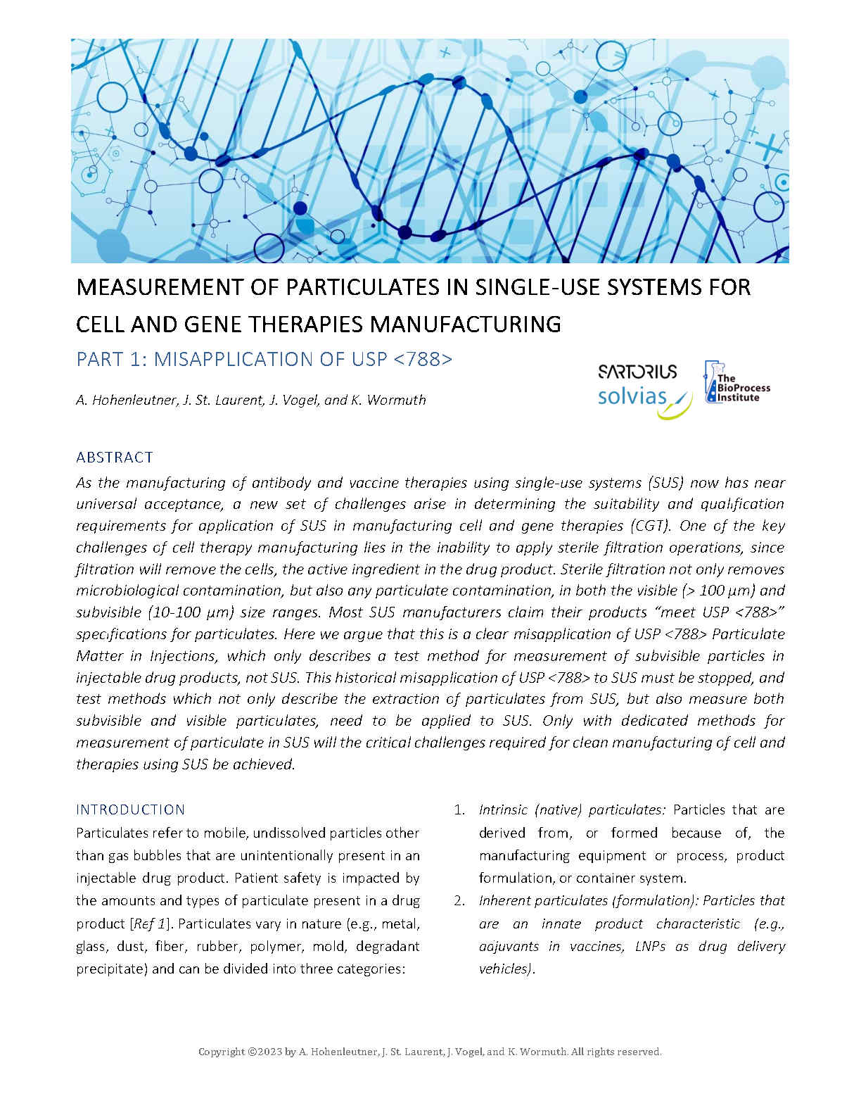 MEASUREMENT OF PARTICULATES IN SINGLE-USE SYSTEMS FOR CELL AND GENE THERAPIES MANUFACTURING